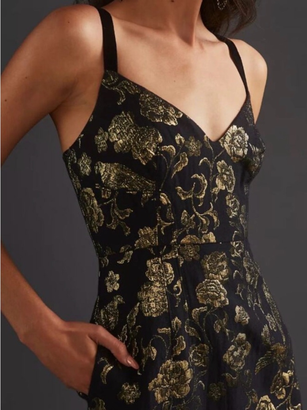 Anthropologie Maeve Slim Jacquard Mini Dress Black Metallic Gold Size 12